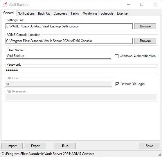 Turbo Backup General tab – pointed at Autodesk's ADMS Console with the Vault backup credentials.