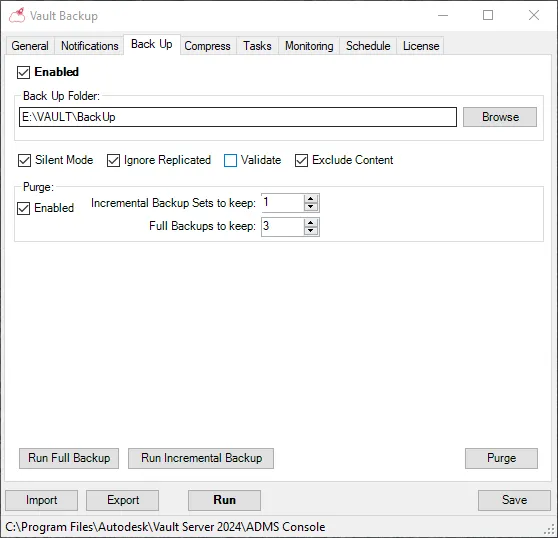Turbo Backup Back Up tab – the Validate option enabled, with incremental and full backup retention rules.