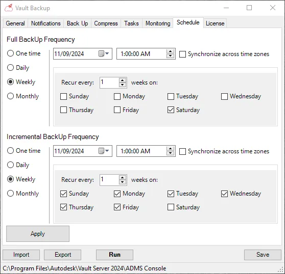 Turbo Backup Schedule tab – full and incremental backup frequency set to weekly, with per-day scheduling.