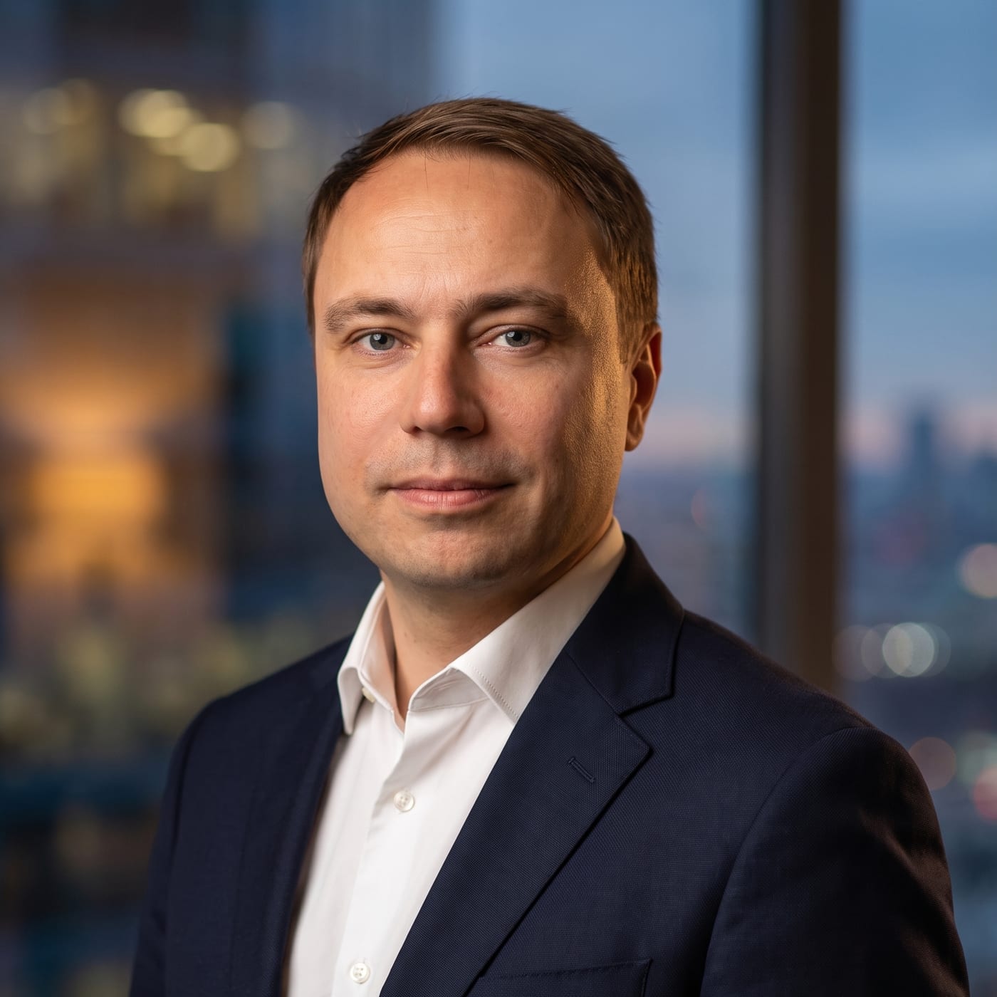 Nikita Gurov, founder of ModernCAD, in a navy suit and open-collar white shirt with a city skyline at dusk behind him