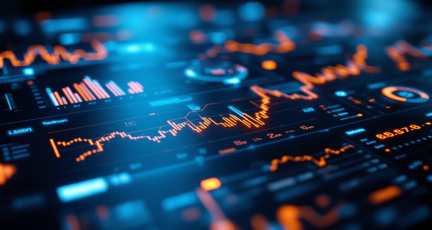 Holographic dashboard panels rendering live business data above a dark control surface