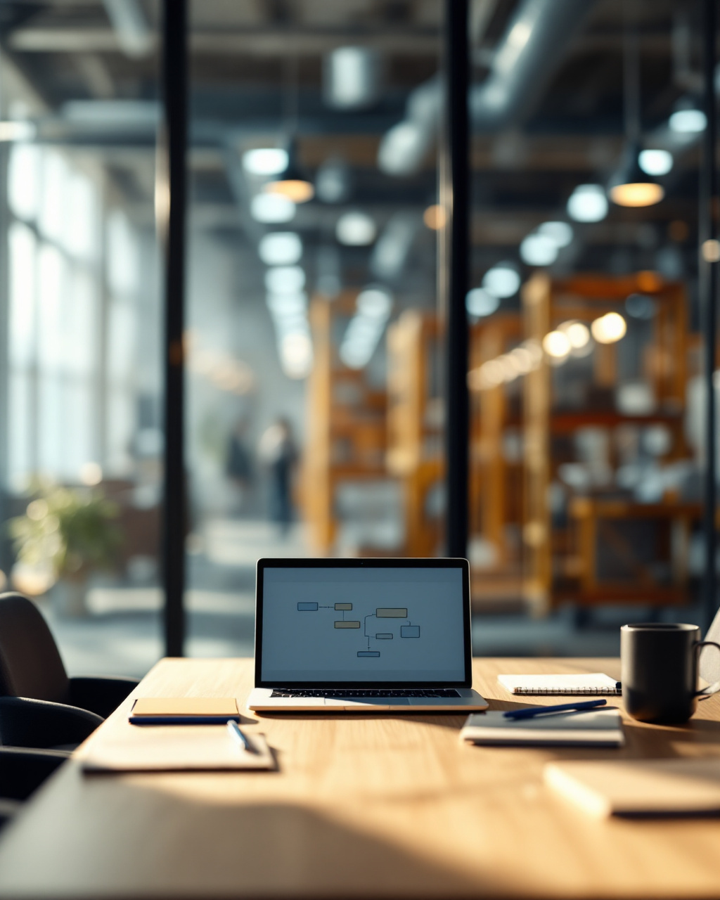 Laptop showing a simple workflow diagram on a meeting table in a glass-walled office, with a manufacturing workshop softly blurred beyond