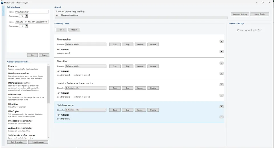 The DataConveyor desktop app: task schedulers and a processing queue of file searcher, filter, Inventor feature recipe extractor and database saver units reading a design library