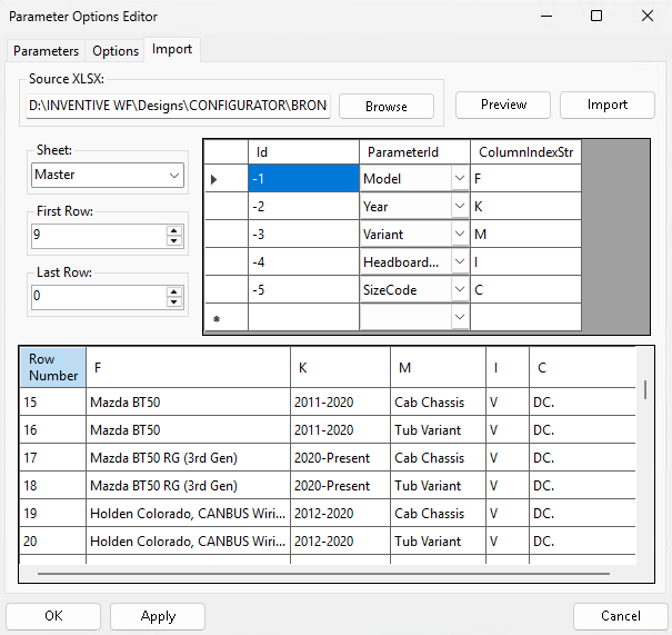 The Design Gear Parameter Options Editor: a no-code rules editor mapping spreadsheet columns to model parameters, with a dependency table of parameter dropdowns above the resulting rows of vehicle makes, model years and variants