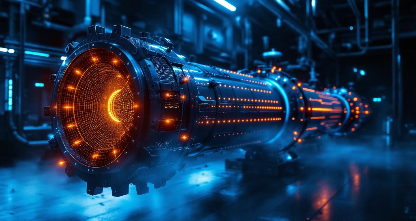 Complex industrial component covered in FEA mesh with stress contours glowing in warm tones against cool blue