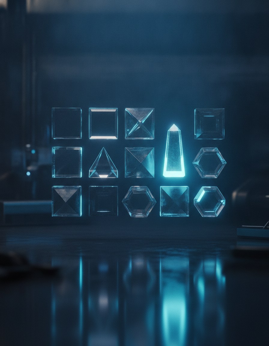 A grid of translucent glowing geometric modules floating over a dark surface, with one module lifted and shining brighter than the rest