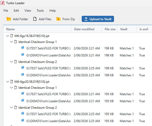 Turbo Loader's review grid grouping duplicates: each part file expands into Identical Checksum Groups, with copies found in different folders shown side by side at matching file sizes and dates, each flagged as already matching a file in Vault