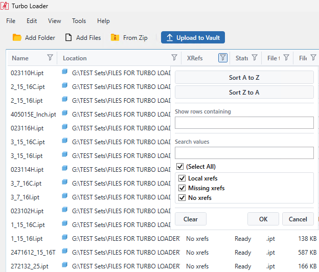 Turbo Loader's file list with the xRefs column filter open: sort options, a search box, and checkboxes to show files with local xrefs, missing xrefs or no xrefs, next to the Upload to Vault button
