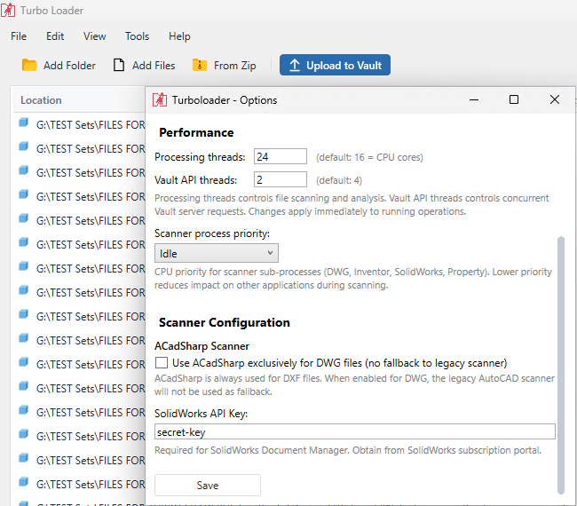 Turbo Loader's Options dialog open over a file list: processing threads set to 24 against a default of 16 CPU cores, Vault API threads, scanner process priority, and scanner configuration for DWG and SolidWorks files