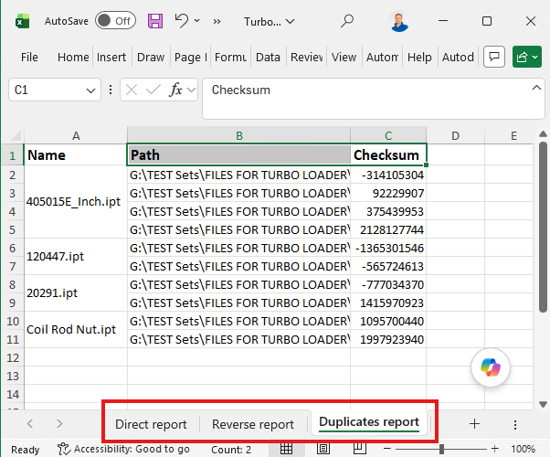A Turbo Loader scan report open in Excel: Name, Path and Checksum columns for the scanned files, with Direct report, Reverse report and Duplicates report tabs along the bottom