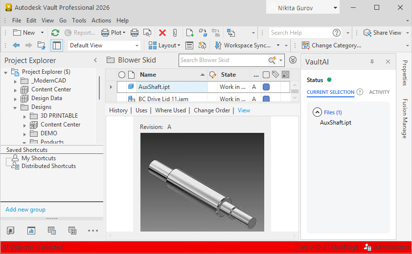 The Vault AI panel docked on the right of Autodesk Vault Professional, showing the current file selection alongside Project Explorer and the model preview
