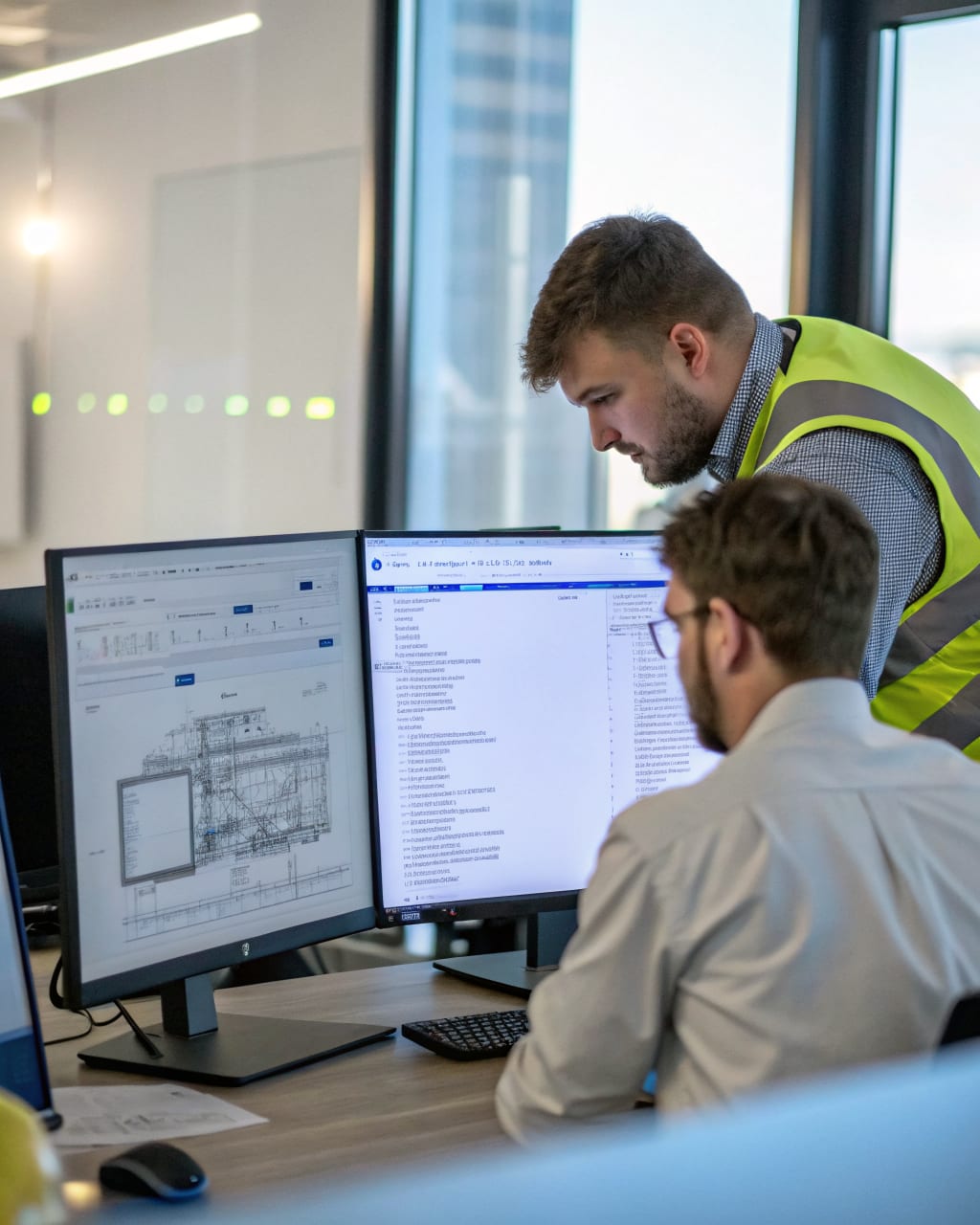 Two engineers at a workstation reviewing an engineering drawing alongside its file and revision list on a second screen